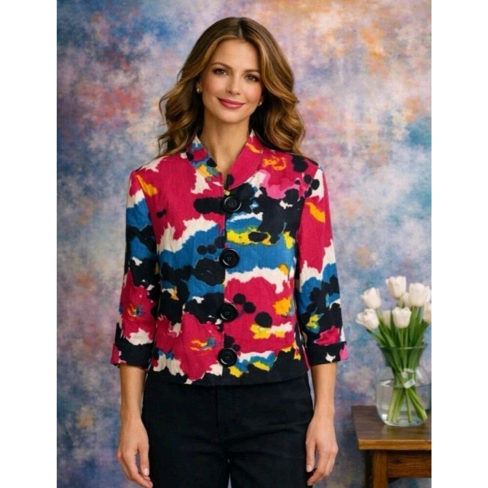 Multiples Linen Abstract Jacket Sz S Bold Color Button Mandarin Collar Artsy